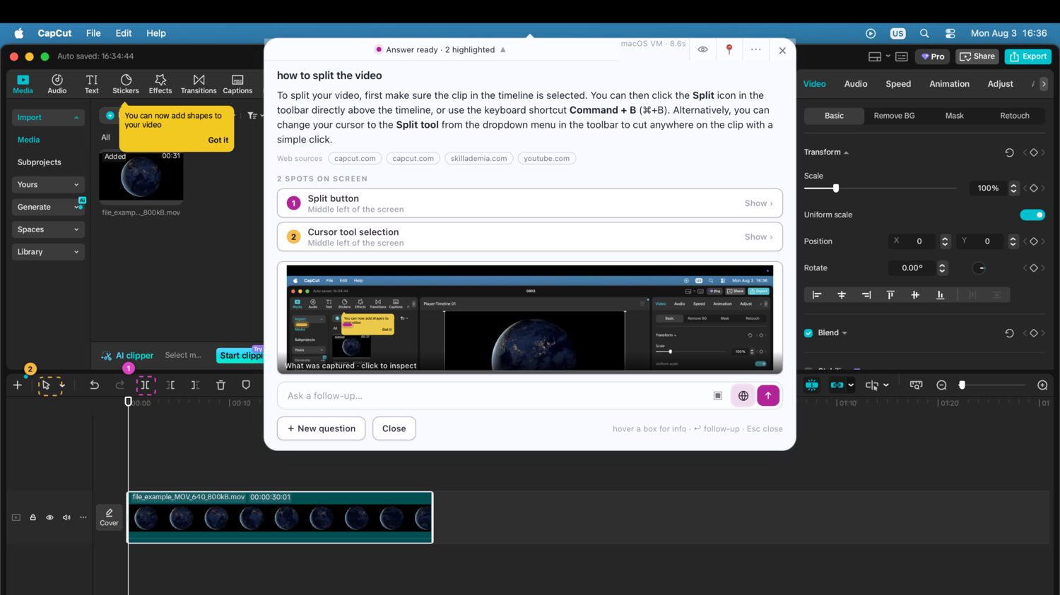Guidelet answering how to split a video in CapCut, with two spots on screen