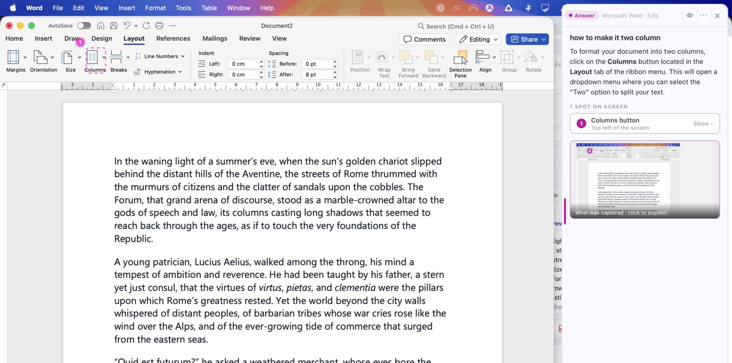 Microsoft Word with the Columns button boxed in the ribbon and Guidelet's answer docked in a sidebar on the right
