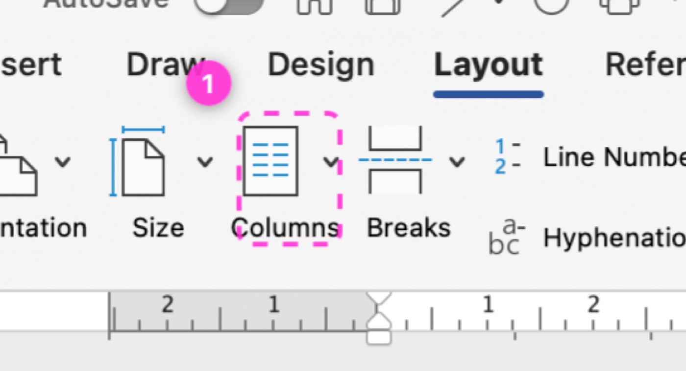 Pink box drawn around the Columns button in the Word ribbon