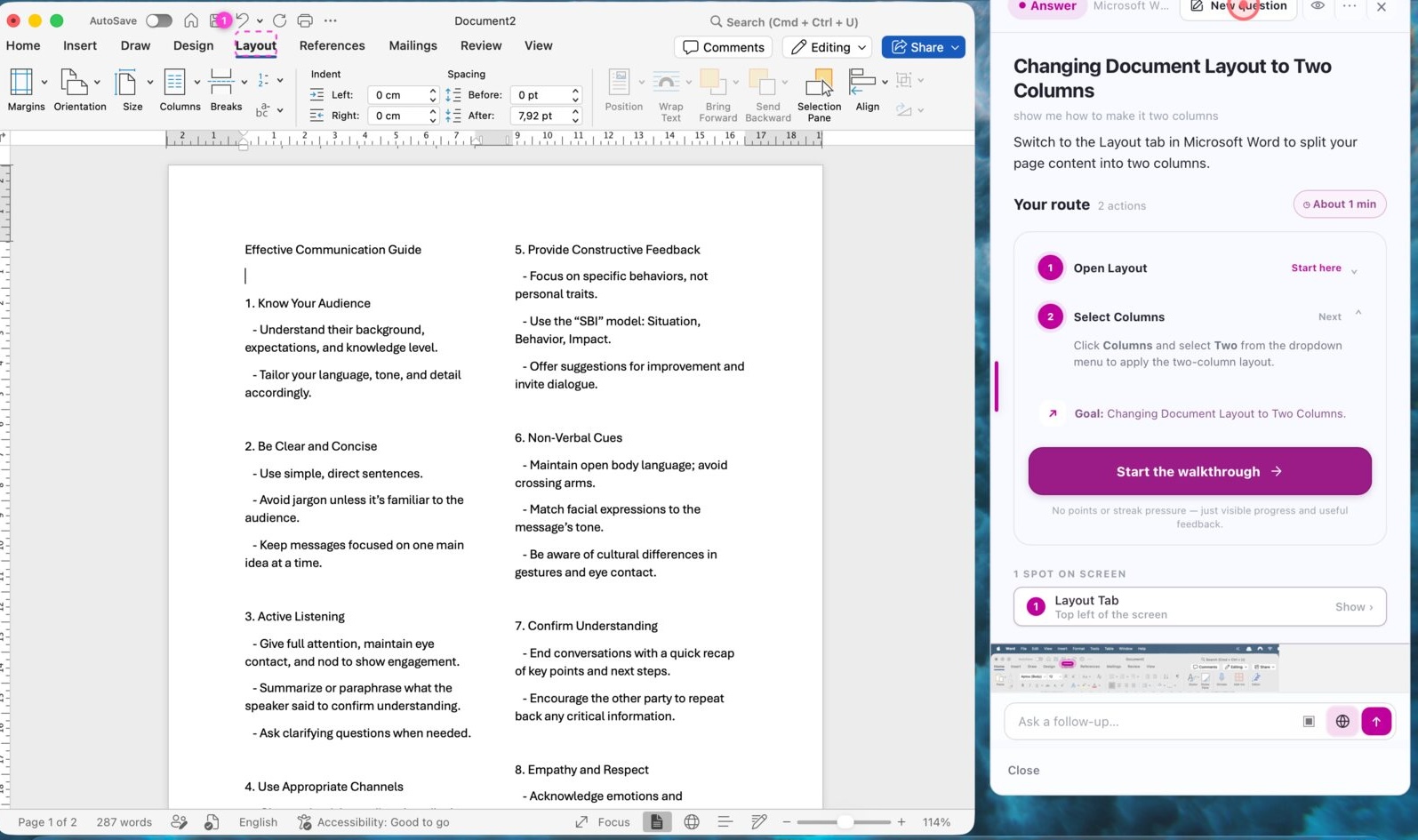 Guidelet showing a two-action route for changing a Microsoft Word document to two columns, with a button to start the walkthrough